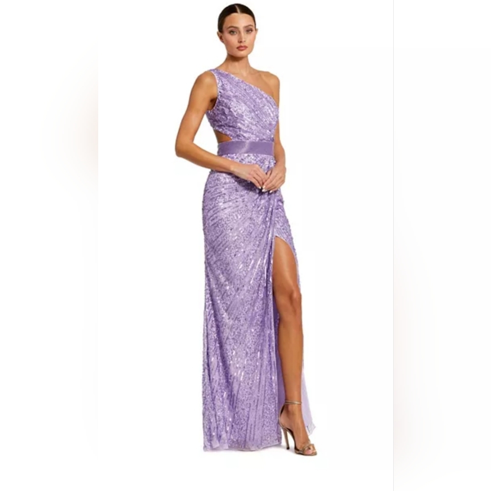 Mac Duggal Women's Lilac Sequined One Shoulder Draped Lace Up Gown